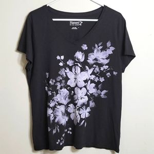 Hanes Black Short Sleeve V-Neck Tee with Lavender Floral Print